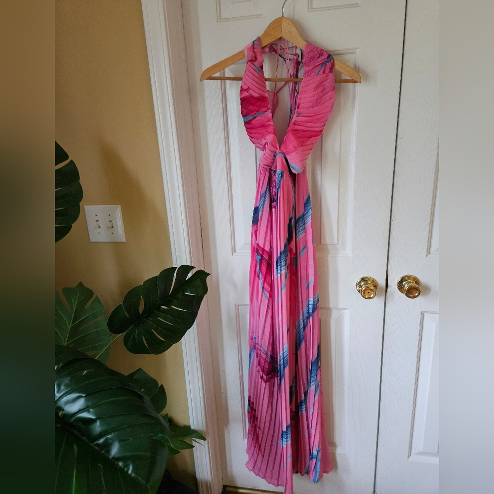 Pink Pleated Skirt with Blue and Purple Accents